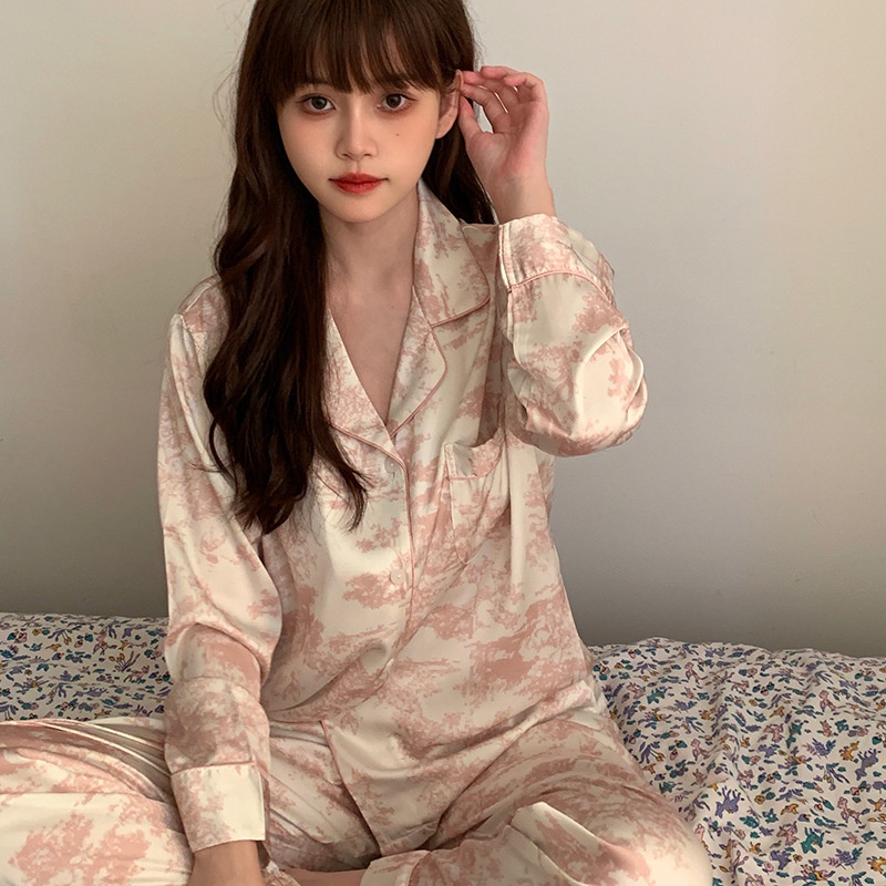 Bộ đồ ngủ nữ in mực cao cấp ice silk bộ đồ ngủ dài tay kiểu pháp trang chủ