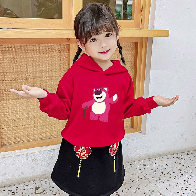 Iq Áo hoodie Màu Đỏ Họa Tiết Gấu Và Dâu Tây Dễ Thương Cho Bé