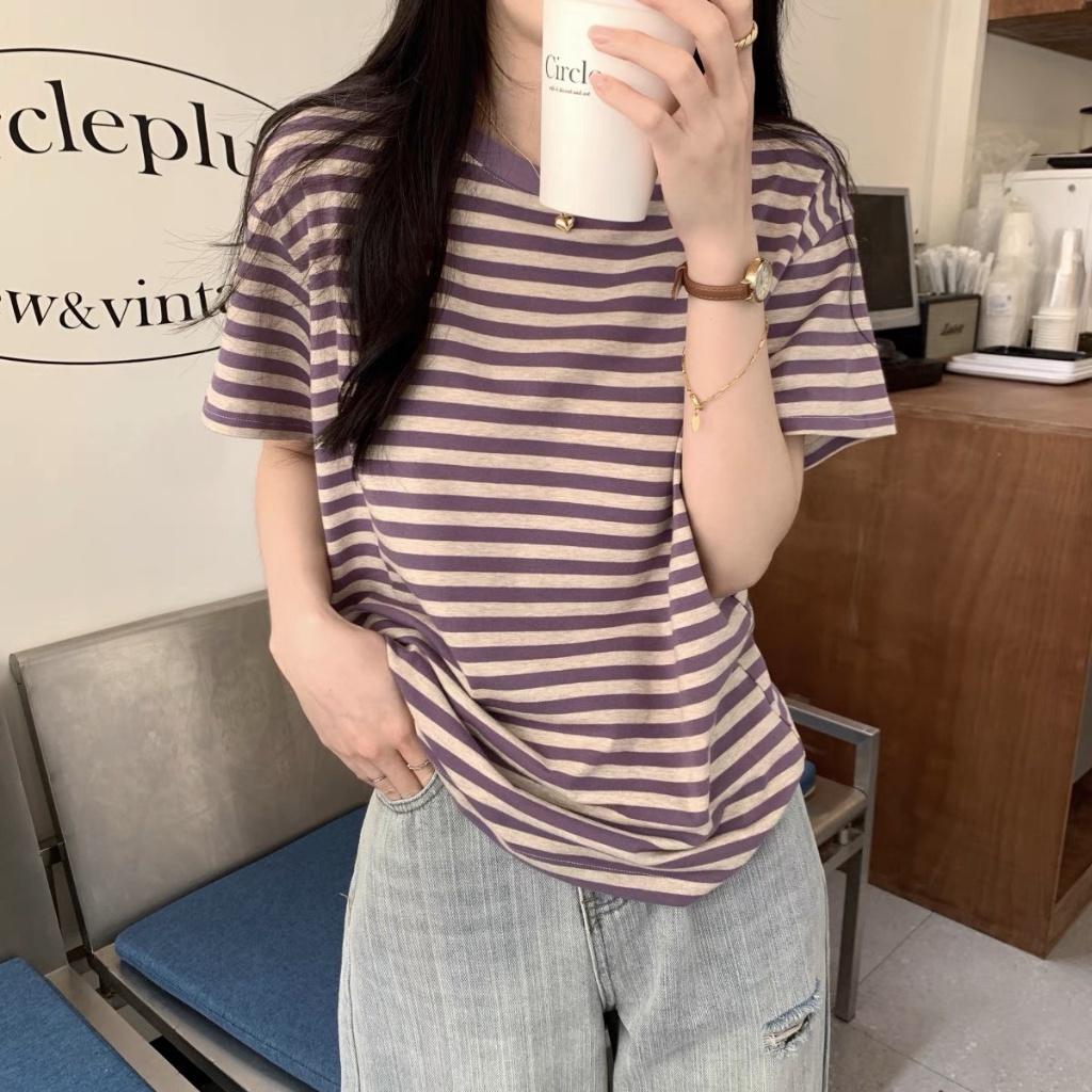 Áo thun baby tee nữ kẻ sọc xám tiêu 2 màu đen hồng vải cotton 100% co dãn 4 chiều Hascoo TKS2