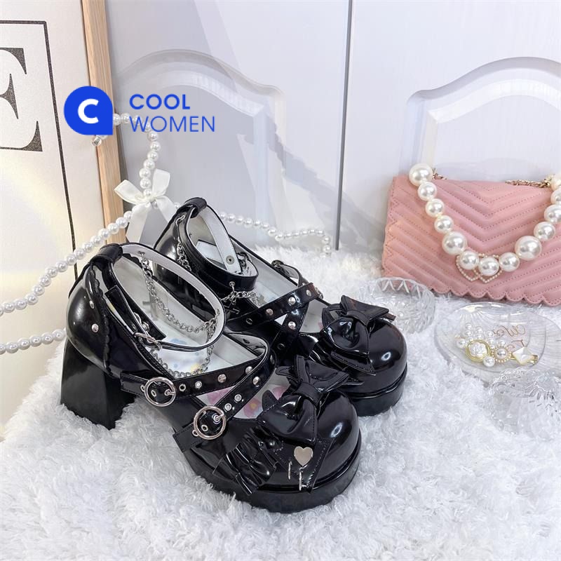Giày Cao Gót Đế Xuồng Chống Thấm Nước Đính Nơ Phong Cách Lolita y2k