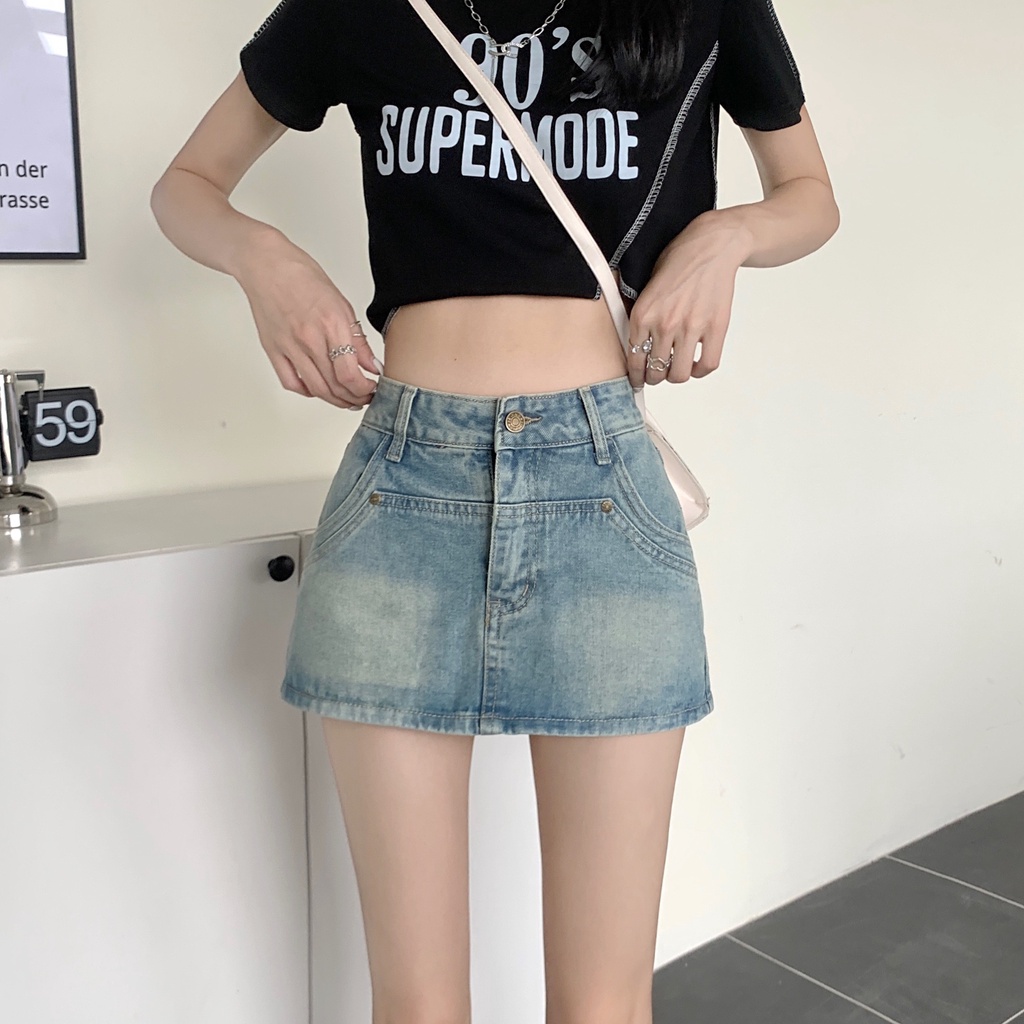 chân váy denim nữ，eo cao một dòng váy，Thời trang Hàn Quốc quần short váy bó hông gợi cảm