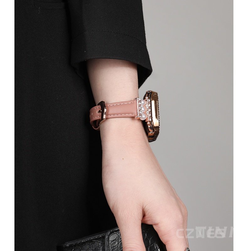 Dây Đeo Đồng Hồ Bằng Da Đính Ngọc Trai 49mm 38 40 41 42 44 45mm Cho Apple Watch Series 8 7 6 5 4 3 2 SE S8 Ultra