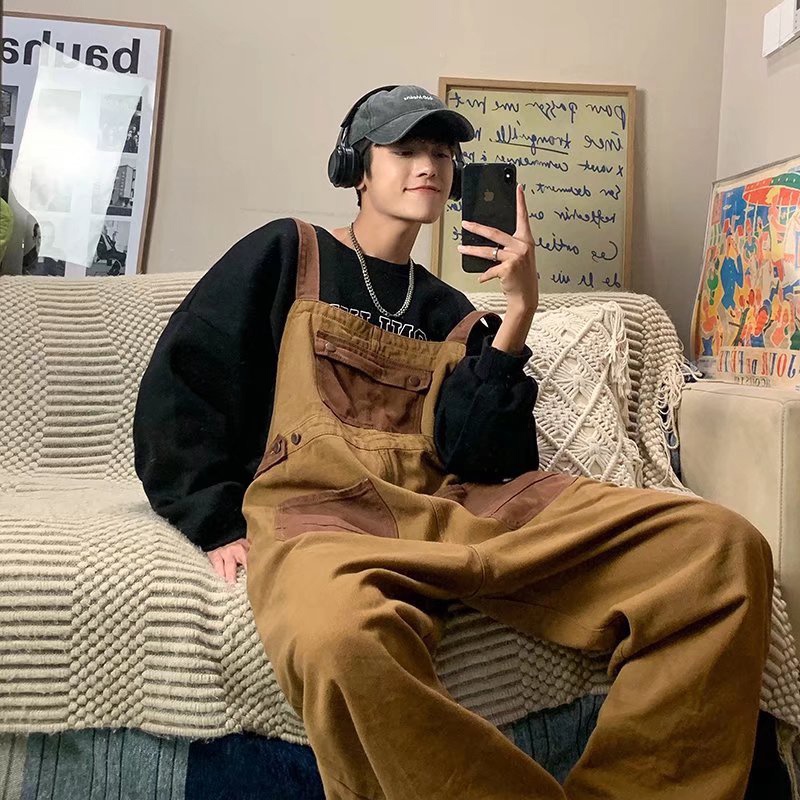 Kyushuad | Quần Yếm Denim Dáng Rộng Phong Cách retro Mỹ Thời Trang Xuân Thu Cho Nam