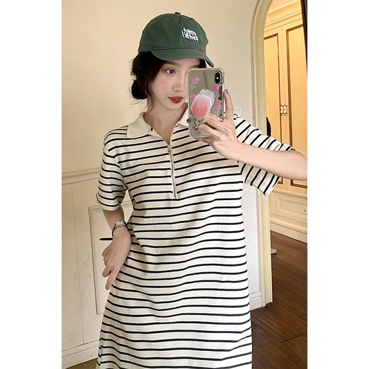 Đầm Mini Cổ Polo Họa Tiết Kẻ Sọc Phong Cách Pháp