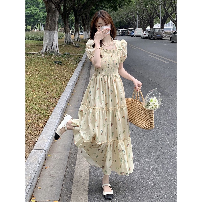 Đầm Hoa Cổ Vuông Tay Phồng Chiết Eo Phong Cách Pháp Tinh Tế Thời Trang Cho Nữ