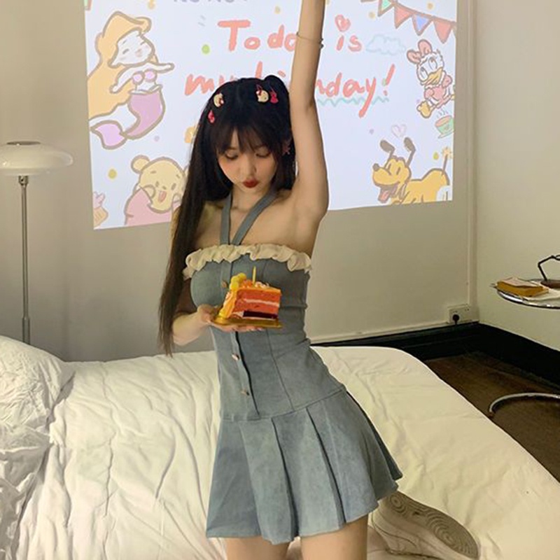 IELGY Đầm Ngắn Ôm Eo Cổ Treo Phong Cách Pháp Thời Trang Cao Cấp Cho Nữ