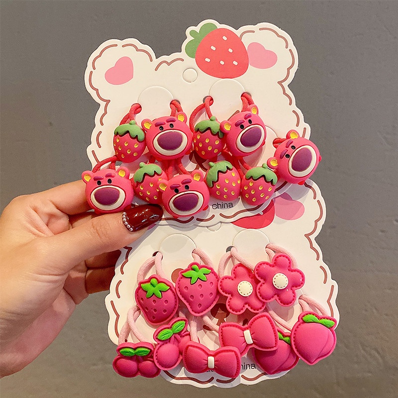 Dây Buộc Tóc Cao Su Co Giãn Hình Gấu Và Dâu Tây Dễ Thương Cho Bé Gái