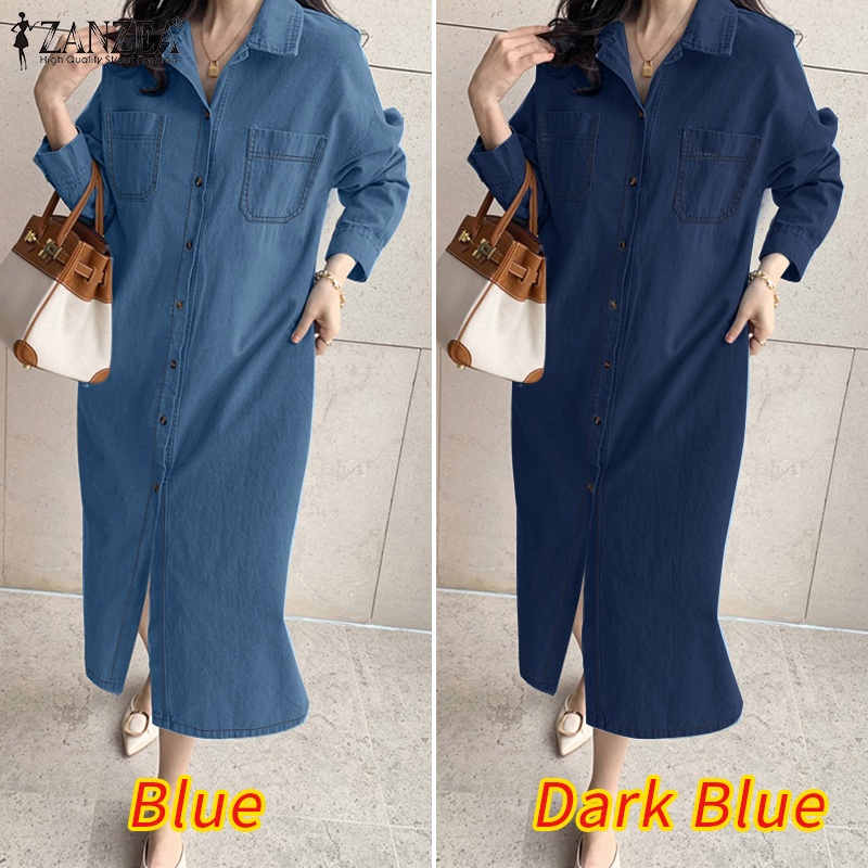 Zanzea Áo Sơ Mi Denim Dài Tay Kèm Đầm Phối Túi Thời Trang Dành Cho Nữ