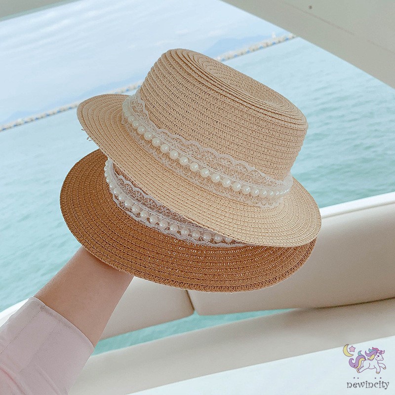 Mũ Cói Chống Nắng Phối Ren Đính Ngọc Trai Phong Cách Hàn Quốc Thời Trang Xuân Hè Dành Cho Bé Gái
