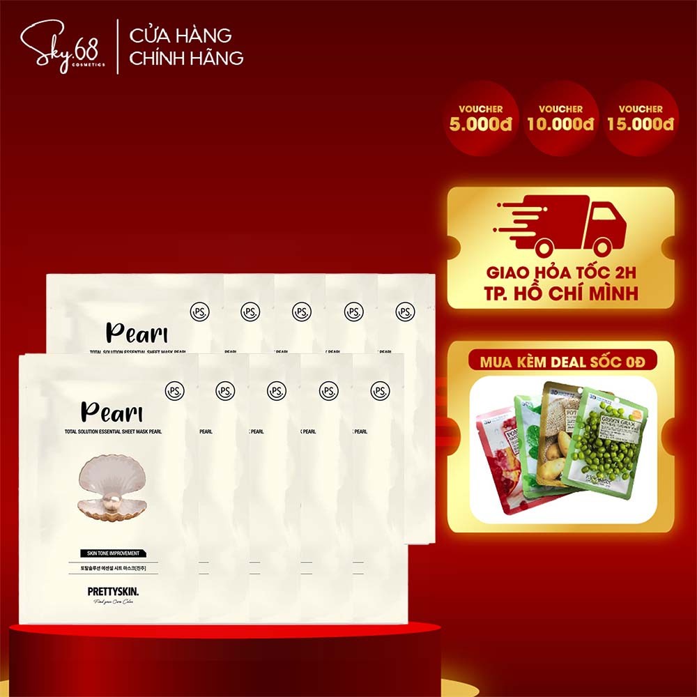Combo 10 Mặt Nạ Ngọc Trai Dưỡng Da Trắng Mềm Mịn Prettyskin Total Solution Essential Sheet Mask 23ml x10- NGỌC TRAI