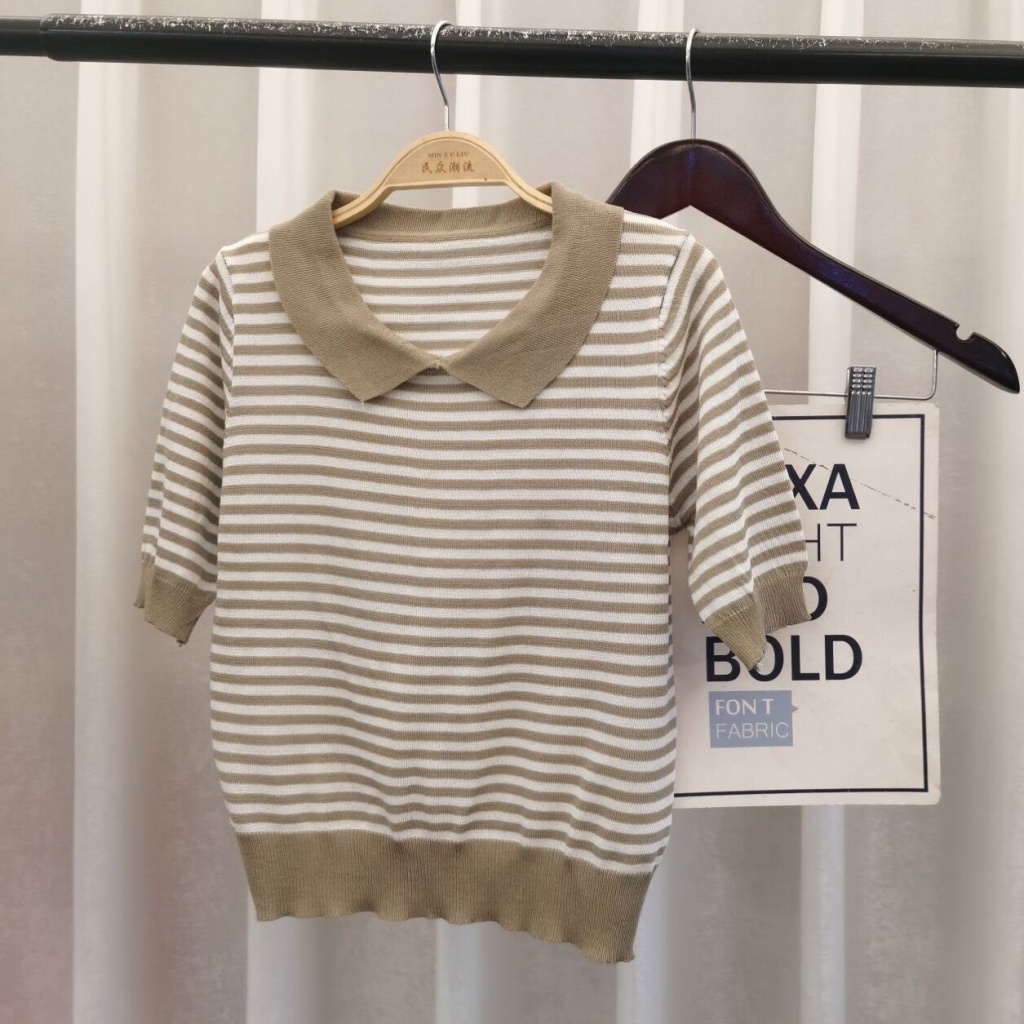 Áo Thun Tay Ngắn Cổ Búp Bê Họa Tiết Kẻ Sọc Thời Trang Mùa Hè Phong Cách Hàn Quốc Cho Nữ