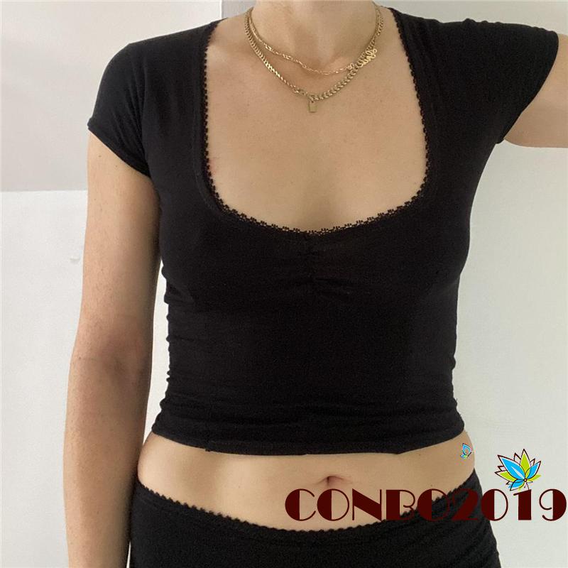 Áo Croptop Tay Ngắn Cổ Vuông Màu Đen Thời Trang Mùa Hè Cho Nữ