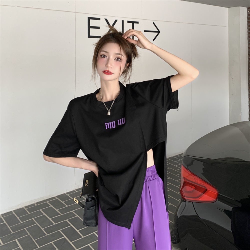 Set Áo Thun Đen Ngắn Tay Và Quần Dài Lưng Cao Xẻ Tà Phong Cách Hàn Quốc Thời Trang Mùa Hè Cho Nữ133248