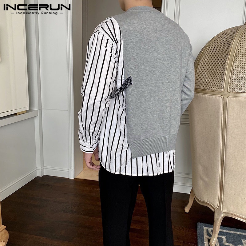 INCERUN Áo Dệt Kim Giả Hai Lớp Màu Trơn Họa Tiết Kẻ Sọc Hợp Thời Trang