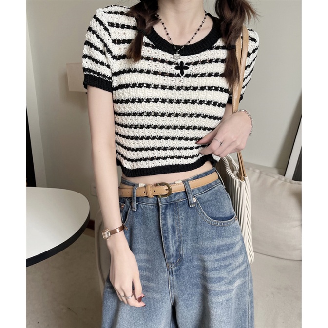 Áo Dệt Kim Ngắn Tay Họa Tiết Sọc Vintage Cho Nữ