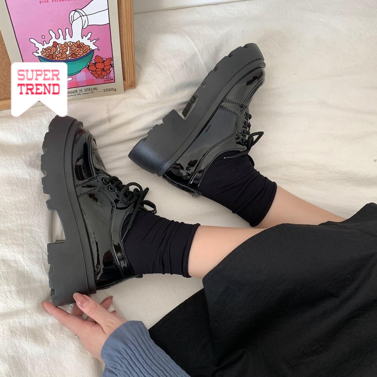 Giày Oxford Mũi Tròn Cột Dây Màu Trơn Đơn Giản Thời Trang Phong Cách Retro