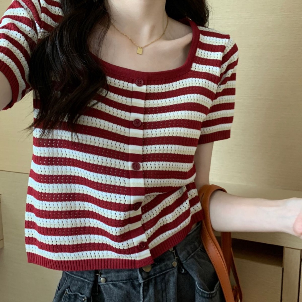 Jiashucheng Áo Thun Lụa Lạnh Mỏng Cổ Vuông Thiết Kế Mùa Hè Cho Nữ