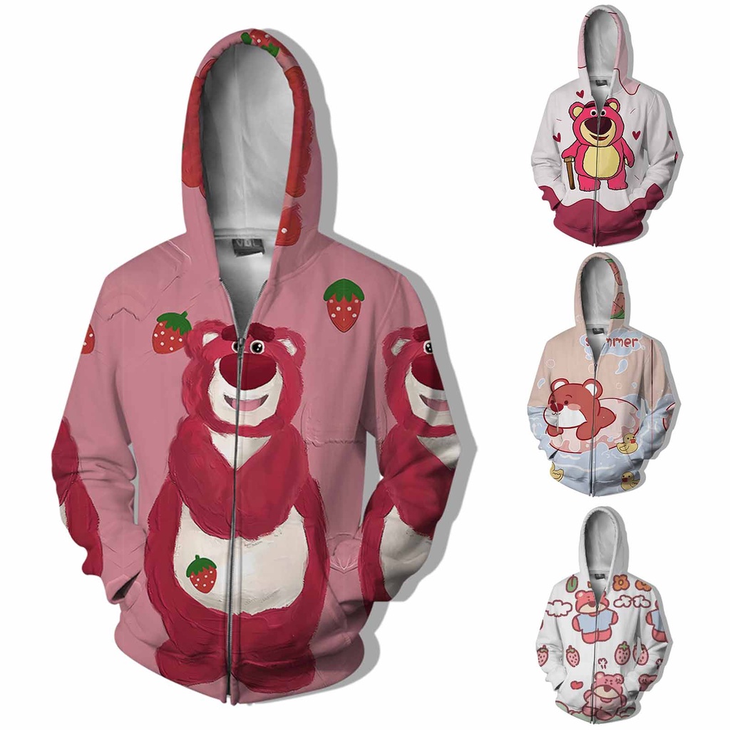 Áo Khoác Hoodie Có Khóa Kéo In Hình Gấu / Dâu Tây 3D Dễ Thương Thời Trang Thu Đông Cho Nữ