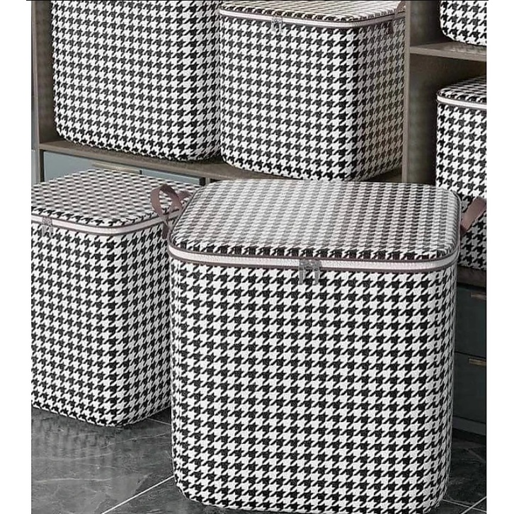 Túi Đựng Chăn Màn Hoa Văn Kẻ Caro Cỡ Lớn (100 Lít - 48 x 44 x 48 cm) - Túi Đựng Quần Áo Có Nắp Dây Kéo 2 Chiều Tiện Dựng