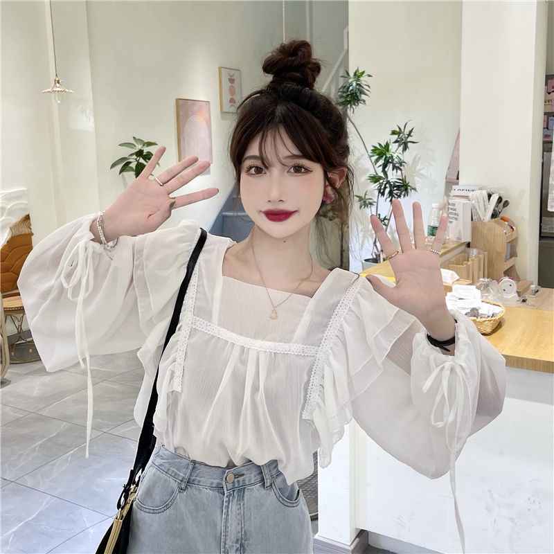 IELGY Áo Sơ Mi Dài Tay Cổ Vuông Phối Bèo Ngọt Ngào Thời Trang Cho Nữ