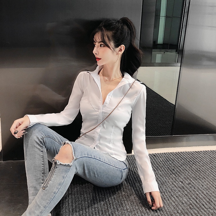 Áo Sơ Mi Đồng Phục Tay Dài Cổ Chữ V Dáng Ôm Thời Trang Mùa Thu Hàn Quốc ~ 2021