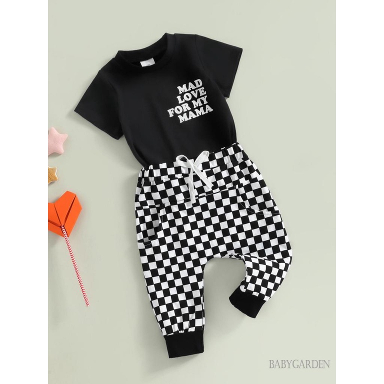 Bộ Áo Thun Tay Ngắn Cổ Tròn In Chữ + Quần Dài Lưng Thun Thời Trang Mùa Hè Cho Bé Trai 0-24 Tháng Tuổi