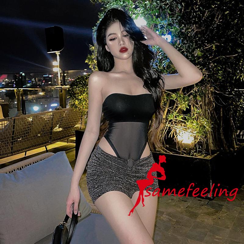 Sf Bộ Áo Liền Quần Hở Lưng Cổ Thuyền Phối Lưới Màu Trơn Gợi Cảm Cho Nữ