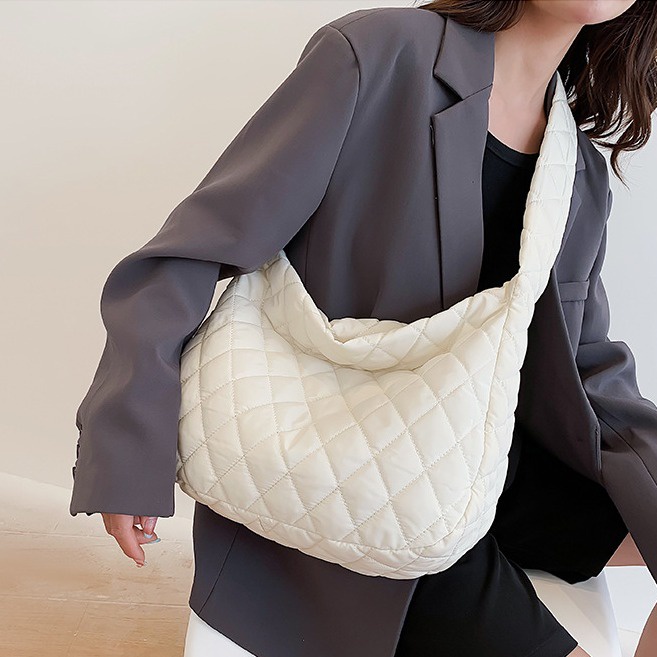 Túi Xách Đeo Vai Vải Cotton Cỡ Lớn Họa Tiết Hình Thoi Thời Trang Cho Nữ