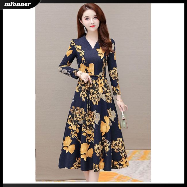 Đầm Dài Tay Cổ Chữ V Họa Tiết Hoa Ngọt Ngào Thanh Lịch Cho Nữ