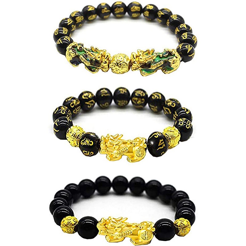 Set 3 Vòng Tay Chuỗi Hạt Đá Obsidian Màu Đen May Mắn Cho Nam Và Nữ