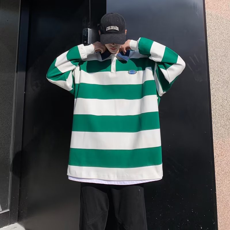 Áo Thun POLO Tay Dài Dáng Rộng Họa Tiết Kẻ Sọc Phong Cách Harajuku Thời Trang Mùa Hè Mới 2023 Dành Cho Bạn Nam