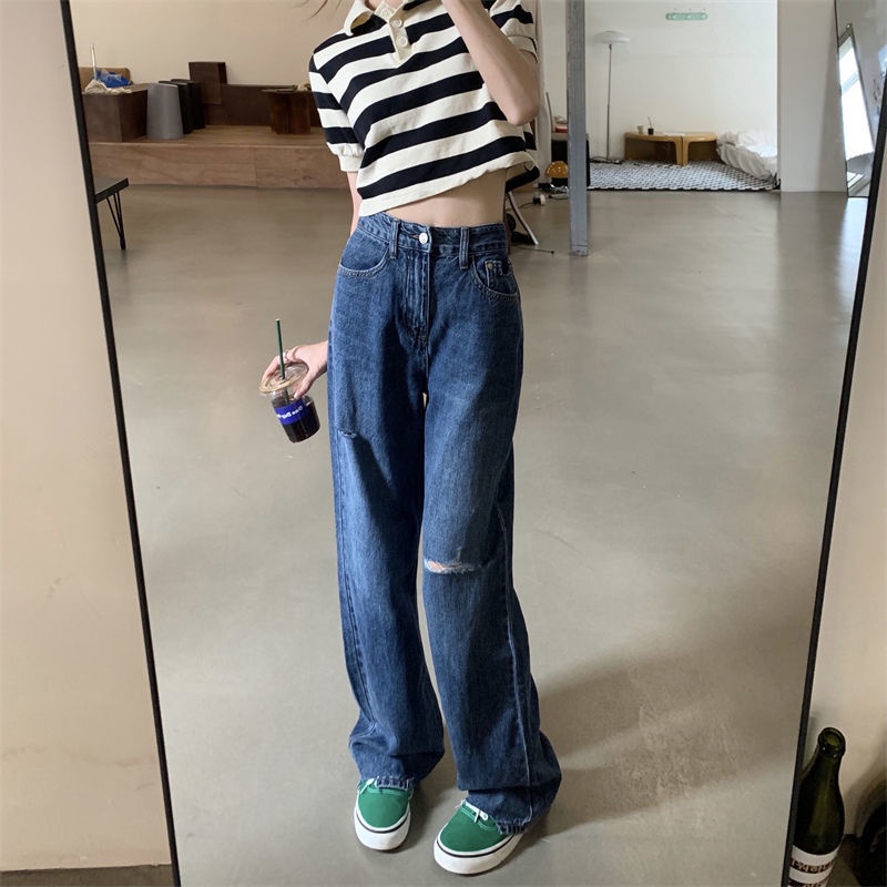 Quần Jeans Nữ Lưng Cao Ống Rộng Phong Cách Retro