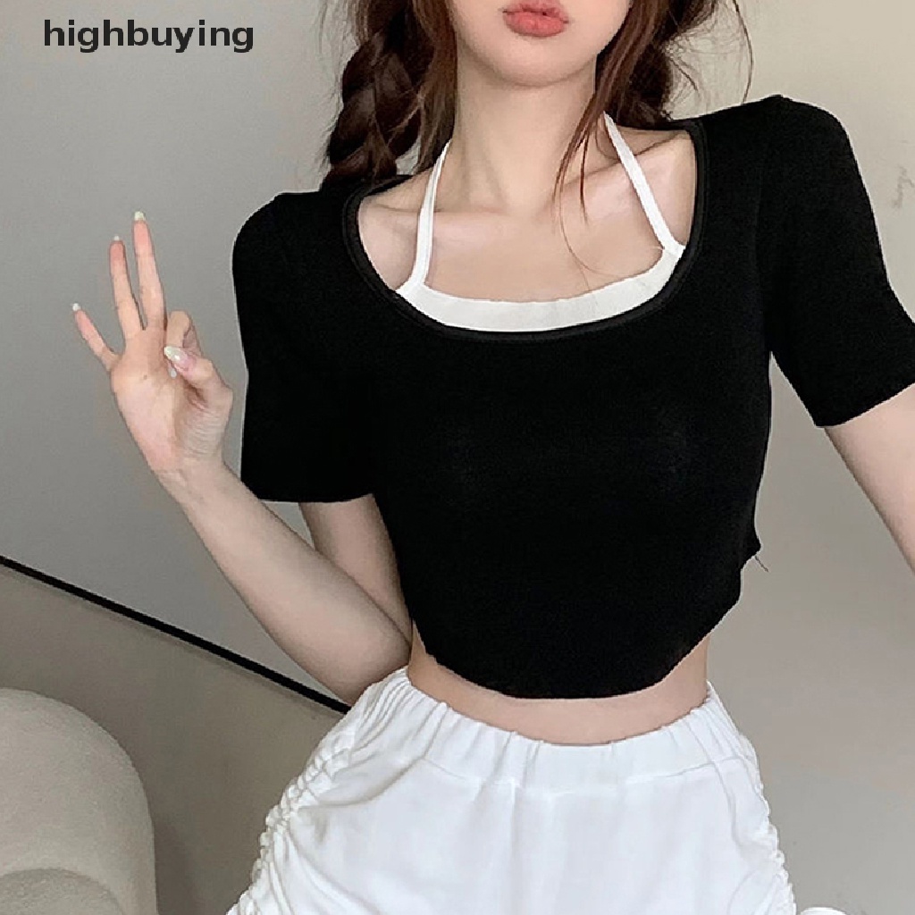 Áo Thun Lửng Ngắn Tay Cổ Vuông Phong Cách Quyến Rũ Dành Cho Nữ