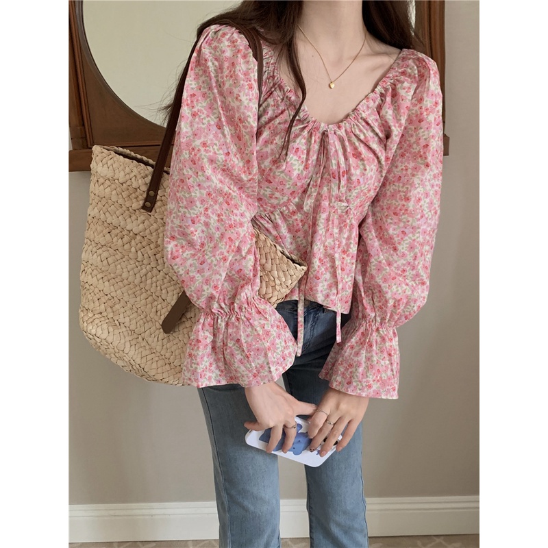 SUXI Áo Kiểu Tay Phồng Cột Dây Dáng Ôm In Họa Tiết Hoa Xinh Xắn Thời Trang Cho Bạn Gái