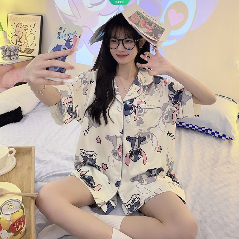 Bộ Đồ Ngủ Ngắn Tay Họa Tiết Stitch Hoạt Hình Đơn Giản Thoải Mái Cho Nữ