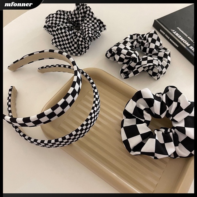 Băng Đô Cài Tóc Họa Tiết Caro Trắng Đen Hiện Đại