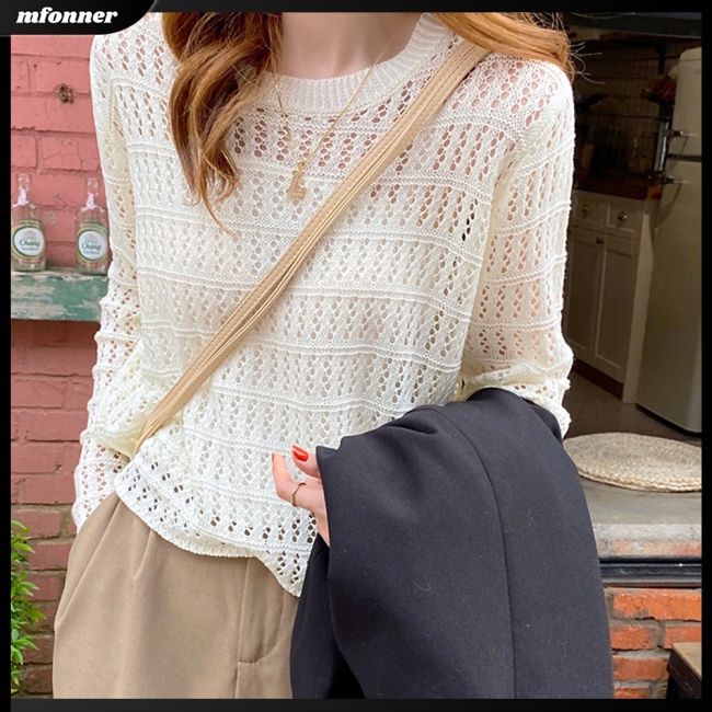 Áo Sweater Dệt Kim Tay Dài Cổ Tròn Dáng Rộng Thời Trang Mùa Hè Cho Nữ
