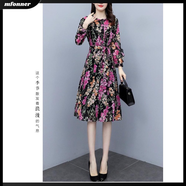 Đầm Midi Tay Dài Cổ Tròn Cột Dây Họa Tiết Hoa Thiết Kế Thoáng Khí Siêu Nhẹ Thời Trang Cho Nữ