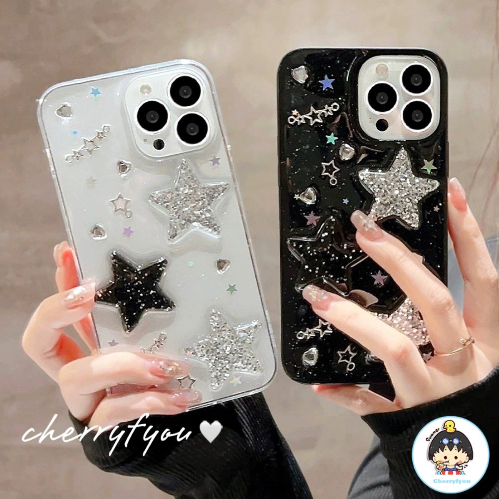 Ốp Điện Thoại TPU Mềm Chống Rơi Phối Bột Bạc Hình Ngôi Sao 3D Sang Trọng Cho IPhone 14 13 12 11 Pro Max X XR 8 7 Plus SE