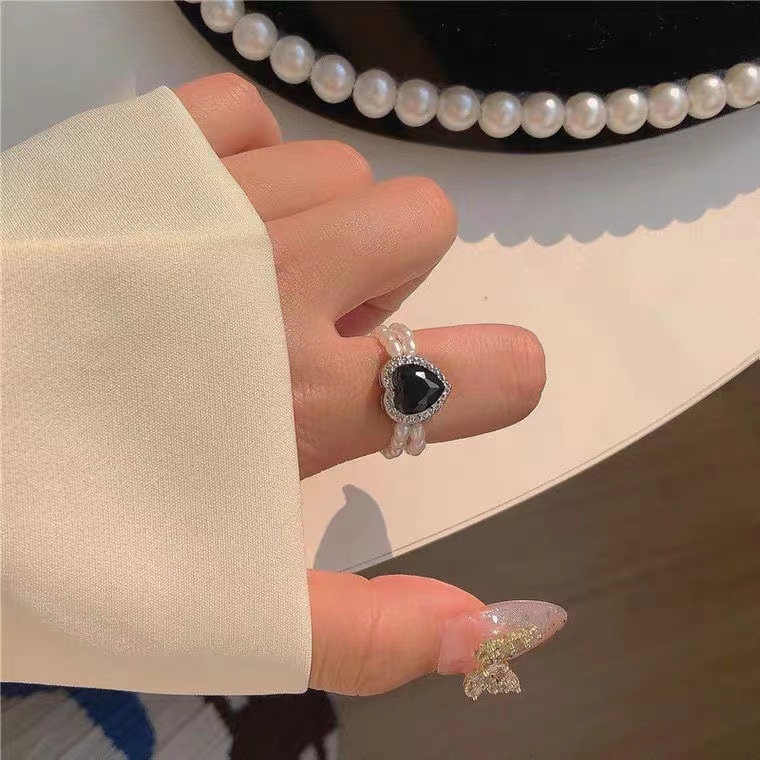 Nhẫn Hai Lớp Hình Trái Tim Màu Đen Đính Ngọc Trai Co Giãn Điều Chỉnh Được Phong Cách Retro