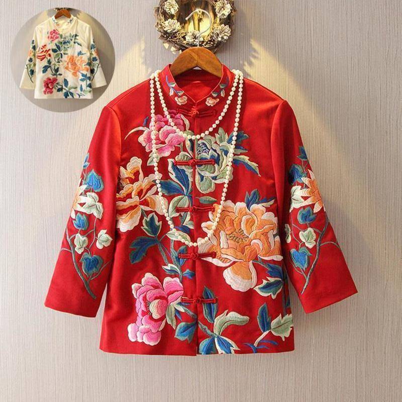 Áo Khoác Ngắn Qipao Thêu Hoa Mẫu Đơn Phong Cách Trung Hoa Cổ Điển Mùa Xuân Chính Hãng Cho Mẹ