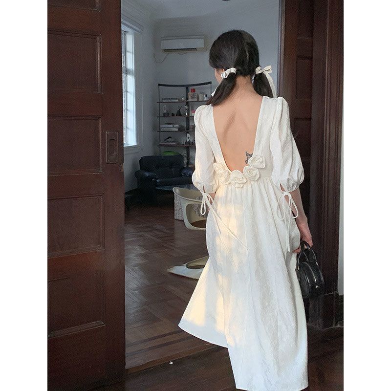 [F &amp; X] Đầm Hoa Dáng Dài Tay Phồng Thắt Dây Ruy Băng Phong Cách Công Nghiệp 2023 Sang Trọng Ngọt Ngào Cho Nữ