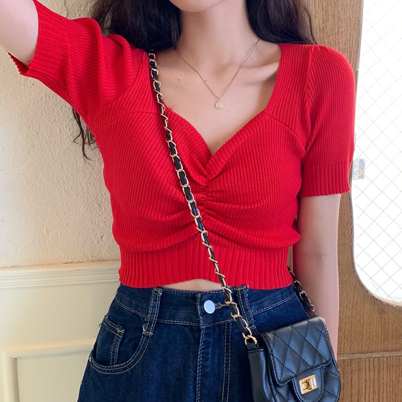 IELGY Áo Thun Dệt Kim Mỏng Vừa Vặn Cổ Chữ v Cao Cấp Phong Cách Hàn Quốc Cho Nữ