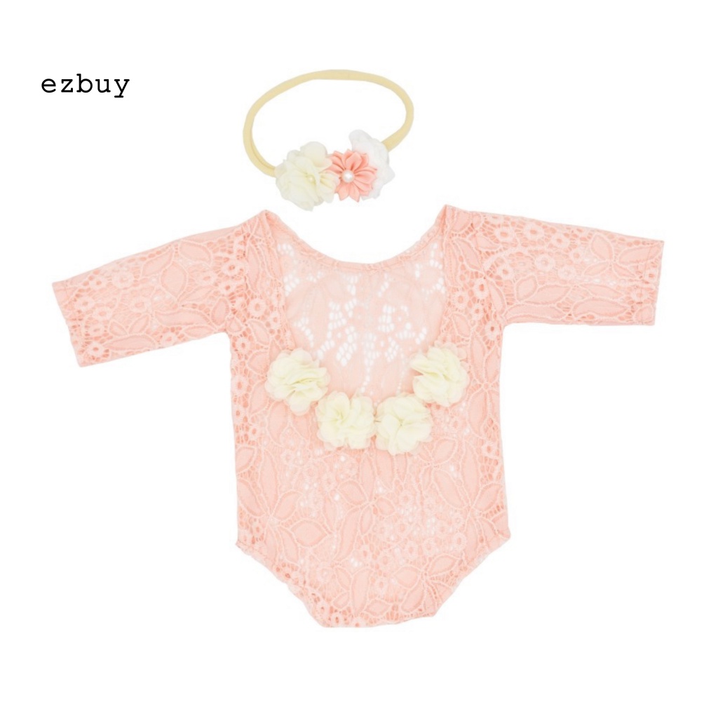 Set Áo Liền Quần + Băng Đô Ren Hoa Hở Lưng + Băng Đô Dành Cho Bé Sơ Sinh