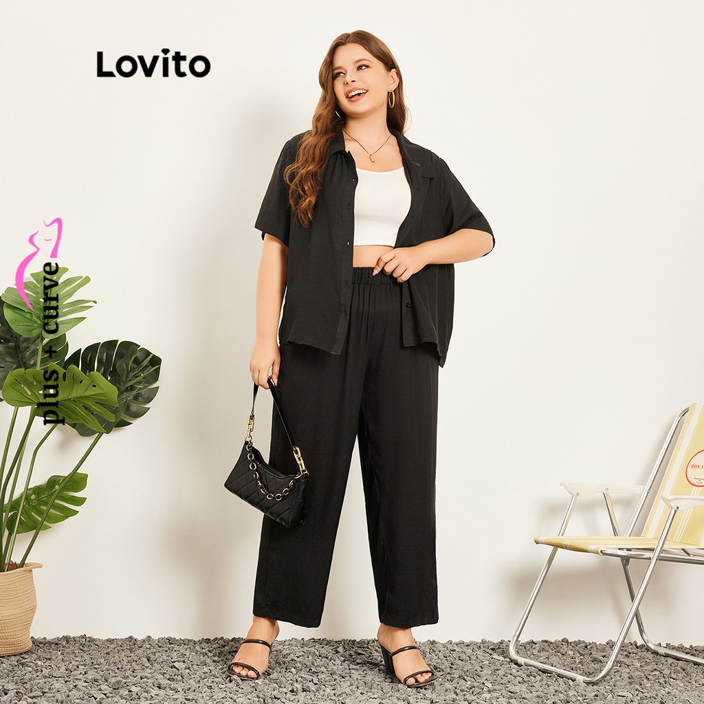 Set quần nữ Lovito hai mảnh eo co giãn cài nút phía trước màu trơn thường ngày tôn đường cong size lớn LPS07040 (Đen)