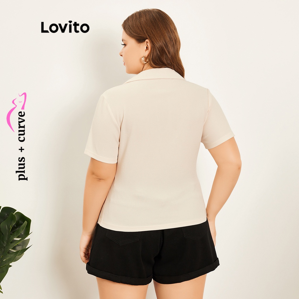 Áo thun waffle Lovito cổ polo màu trơn thường ngày tôn đường cong size lớn cho nữ LPS07004 (Màu kaki)