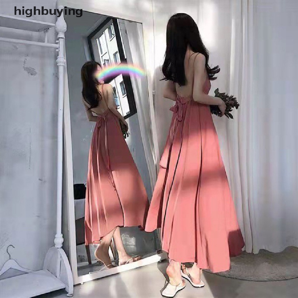 Đầm Hai Dây Dáng Dài Chữ A Hở Lưng Màu Trơn Thời Trang Mùa Hè 2023 Cho Nữ