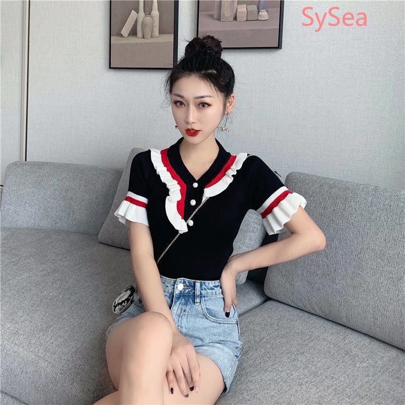 Áo Dệt Kim Cổ Chữ V Phối Bèo Thời Trang Mùa Hè Phong Cách Retro Cho Nữ