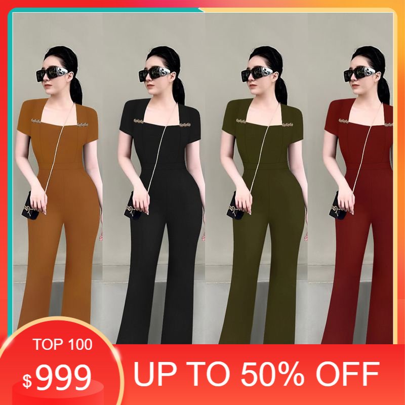 Jumsuit nữ dáng dài 💝FREESHIP💝 Jum dài ống loe dây kéo lưng áo cổ vuông phối nút trước ngực xinh xắn J1164