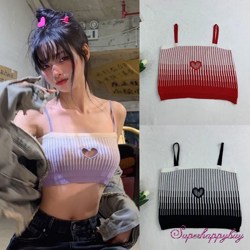 Áo Tank Top Hai Dây Dáng Ôm Hở Rốn Họa Tiết Trái Tim Thời Trang Cho Nữ